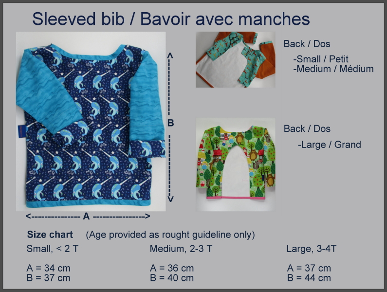 Sleeved bib, sizes and measures